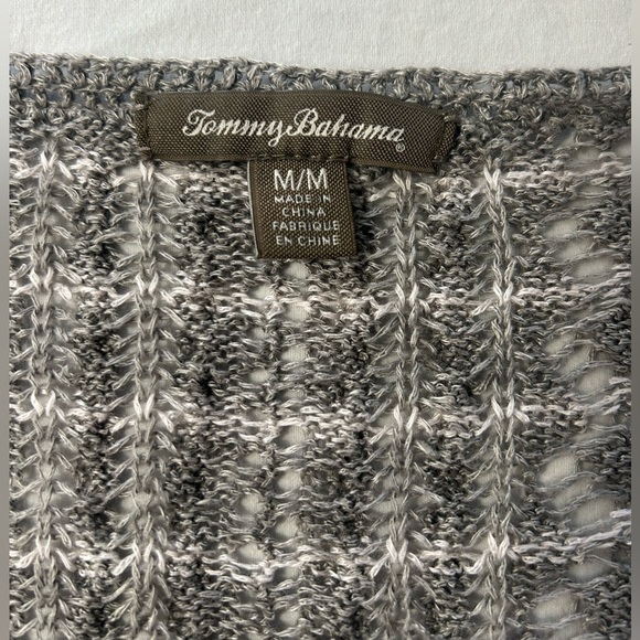 Tommy Bahama Open Knit Gray Striped Long Sleeve Linen Sweater Top Women’s M - Picture 9 of 11